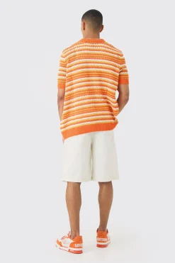 boohooMAN Boxy Oversized Open Stitch Stripe Knit Polo | UK| Tracksuits