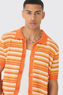 boohooMAN Boxy Oversized Open Stitch Stripe Knit Polo | UK| Tracksuits