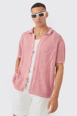 boohooMAN Boxy Oversized Open Stitch Tonal Floral Intarsia Short Sleeve Knit Shirt | UK| Shirts