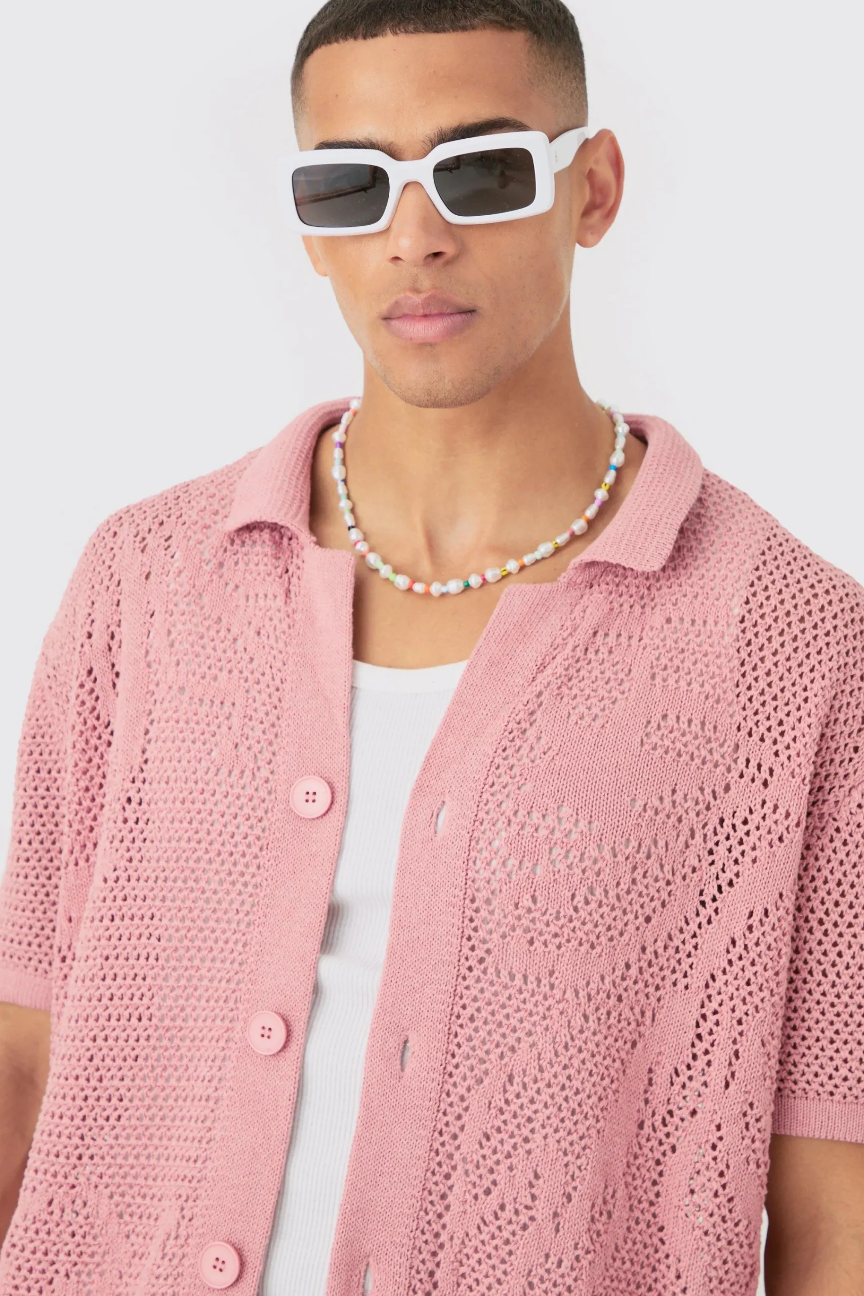 boohooMAN Boxy Oversized Open Stitch Tonal Floral Intarsia Short Sleeve Knit Shirt | UK| Shirts