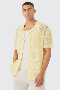 boohooMAN Boxy Oversized Open Stitch Tonal Floral Intarsia Short Sleeve Knit Shirt | UK| Shirts