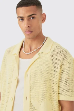 boohooMAN Boxy Oversized Open Stitch Tonal Floral Intarsia Short Sleeve Knit Shirt | UK| Shirts