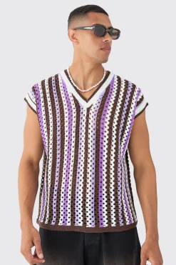 boohooMAN Boxy Oversized Open Stitch V Neck Stripe Sweater Vest | UK| Knitwear