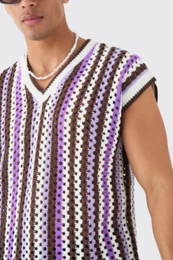 boohooMAN Boxy Oversized Open Stitch V Neck Stripe Sweater Vest | UK| Knitwear