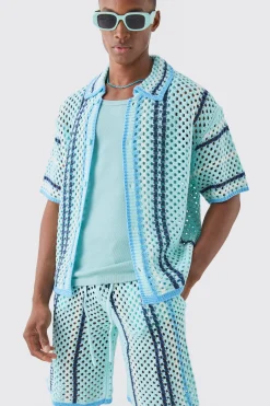 boohooMAN Boxy Oversized Open Stitch Stripe Knit Shirt | UK| Shirts