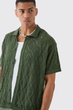 boohooMAN Boxy Oversized Patterned Open Stitch Knitted Shirt | UK| Shirts
