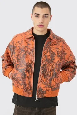 boohooMAN Boxy Printed Pu Collared Bomber | UK| Coats & Jackets