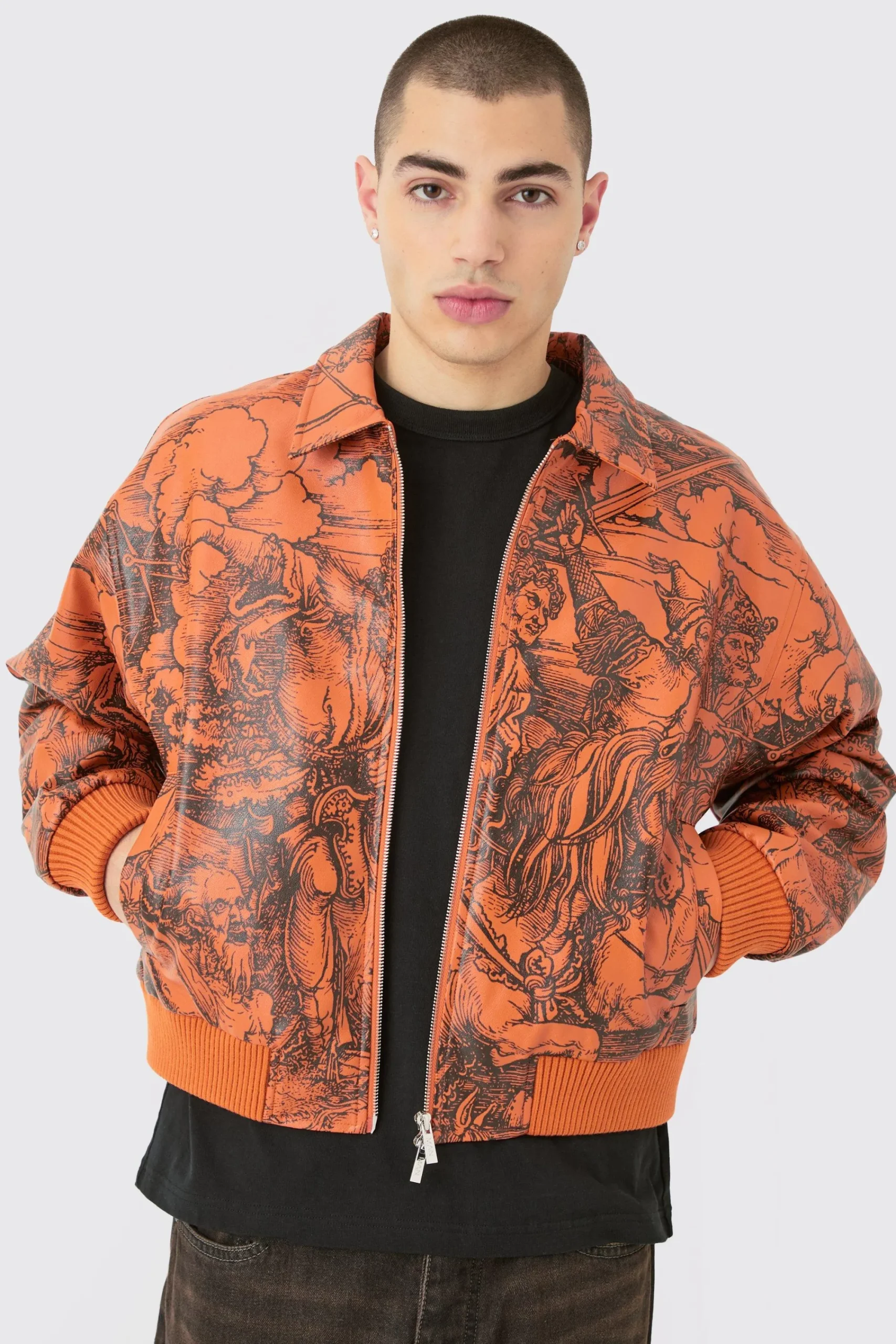 boohooMAN Boxy Printed Pu Collared Bomber | UK| Coats & Jackets