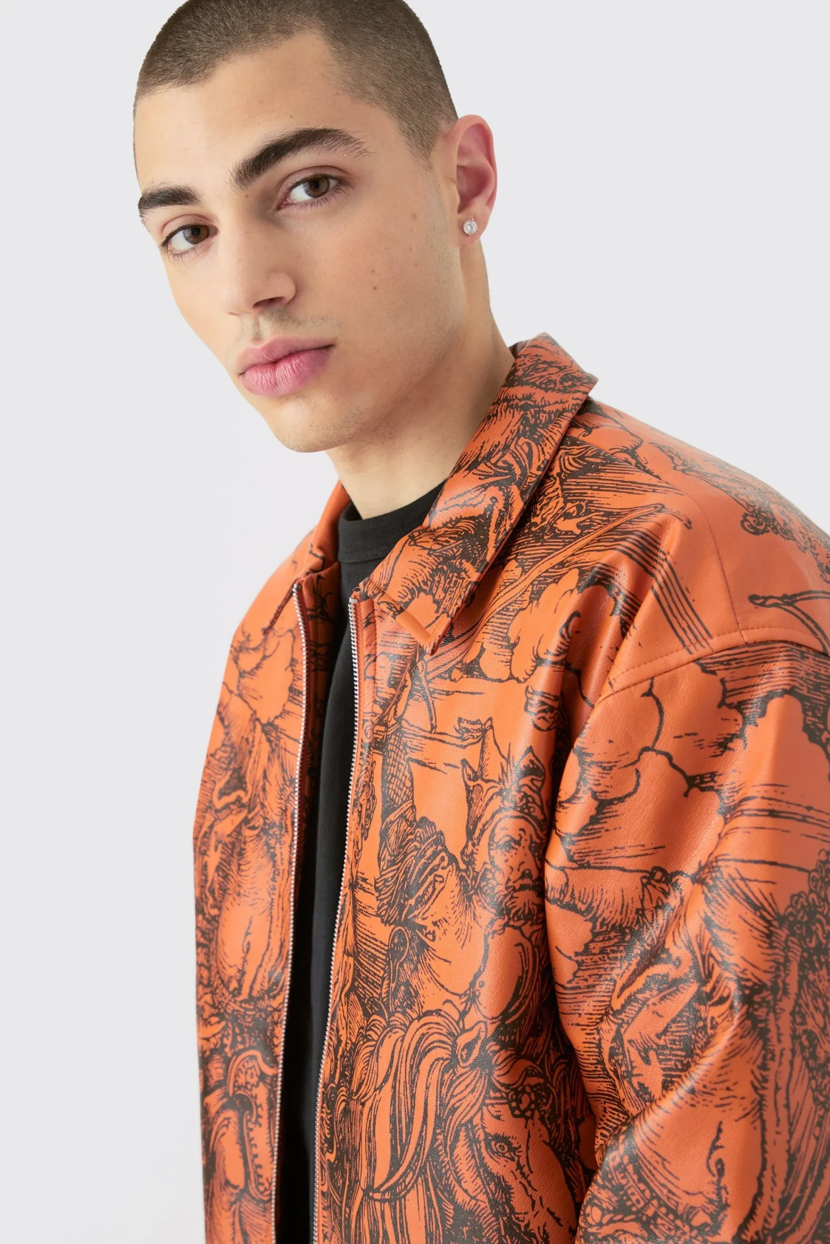 boohooMAN Boxy Printed Pu Collared Bomber | UK| Coats & Jackets