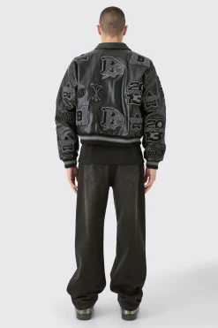 boohooMAN Boxy Pu Tonal Badge Varsity Jacket | UK| Coats & Jackets