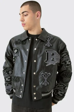 boohooMAN Boxy Pu Tonal Badge Varsity Jacket | UK| Coats & Jackets