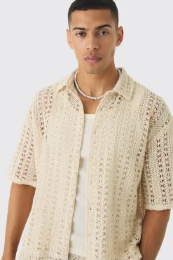Boxy Revere Crochet Shirt | UK^boohooMAN Online