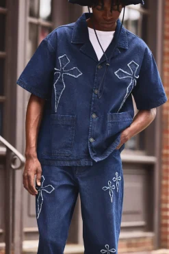 boohooMAN Boxy Revere Raw Edge Denim Cross Applique Shirt | UK| Shirts