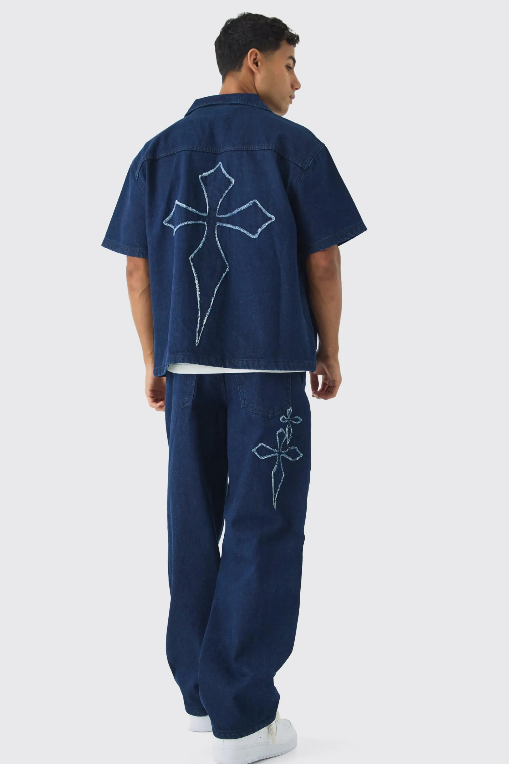 boohooMAN Boxy Revere Raw Edge Denim Cross Applique Shirt | UK| Shirts