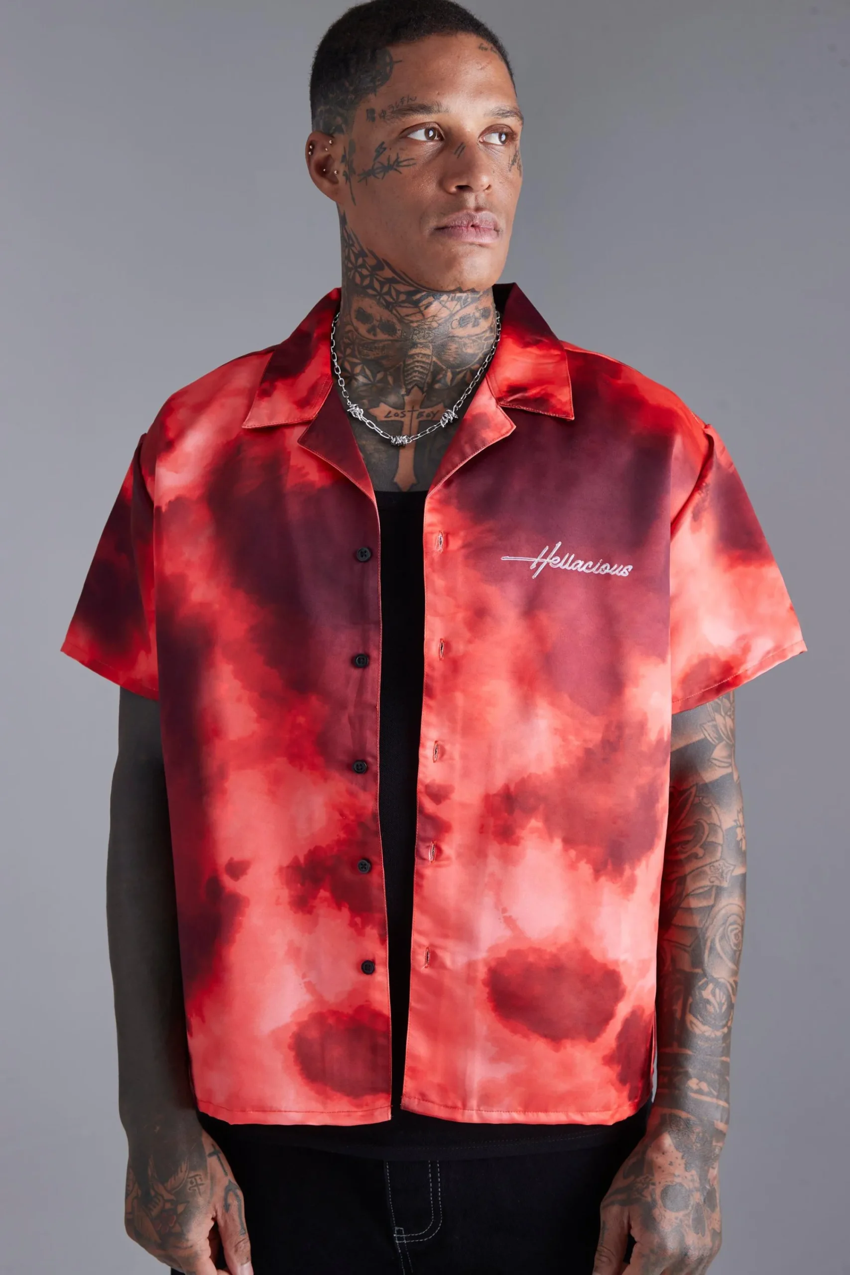 boohooMAN Boxy Satin Graphic Back Print Shirt | UK| Shirts