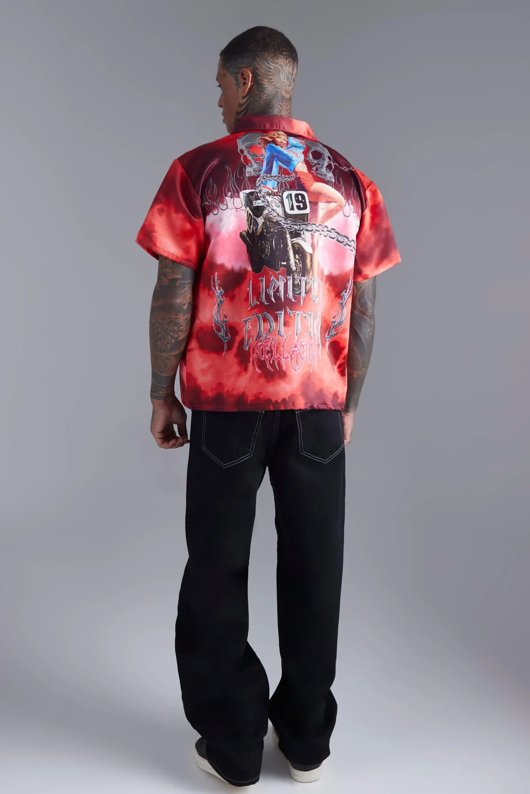 boohooMAN Boxy Satin Graphic Back Print Shirt | UK| Shirts