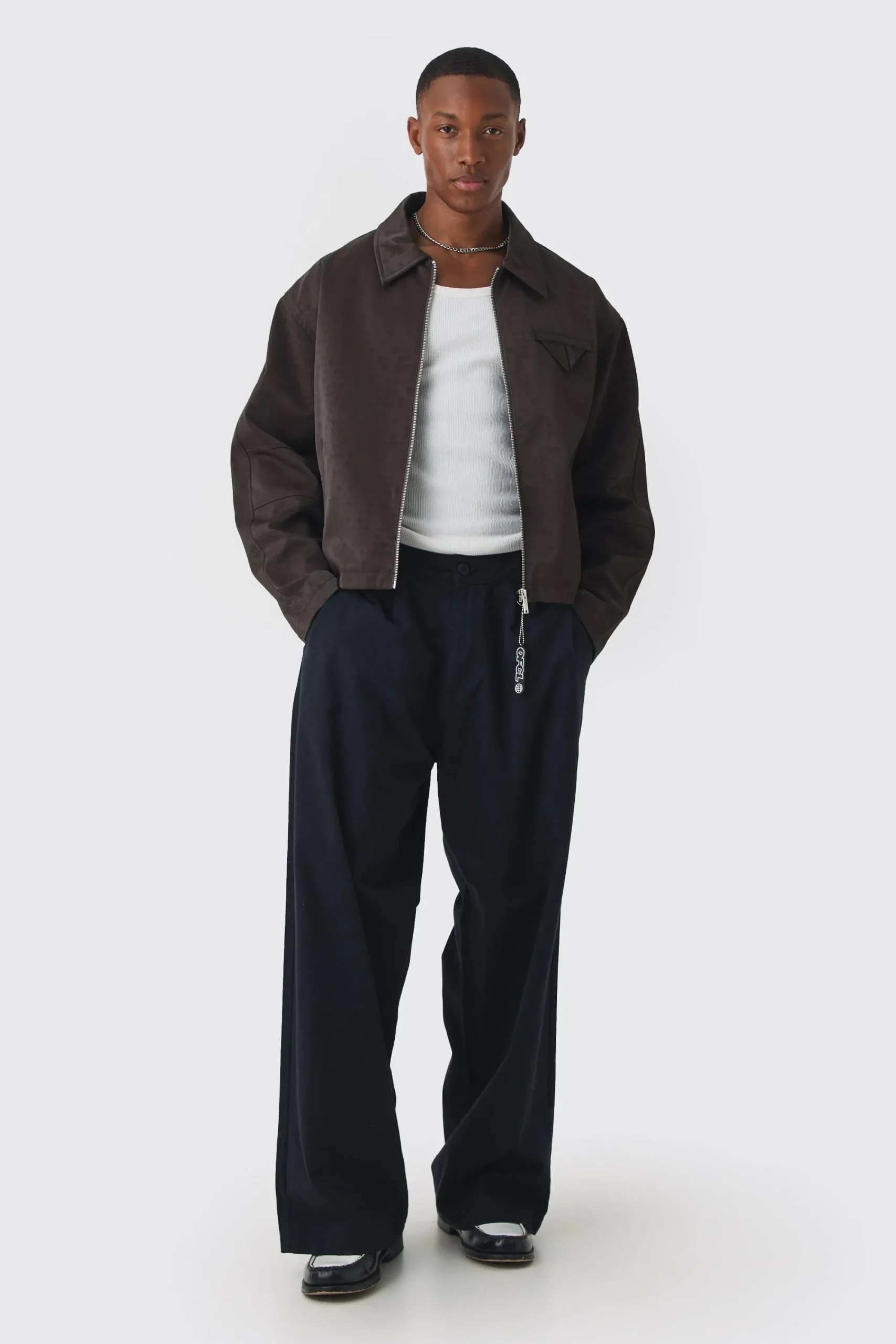 boohooMAN Boxy Satin PU Dogtooth Harrington Jacket In | UK| Coats & Jackets