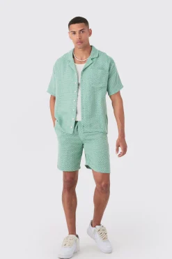 boohooMAN Boxy Short Sleeve Open Weave Shirt & Short Set | UK| Sets & Co-Ords
