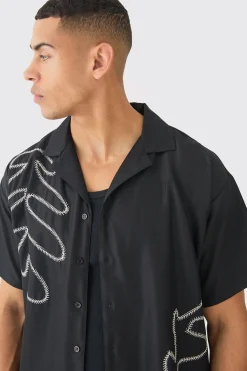 boohooMAN Boxy Soft Twill Cartoon Leaf Embroidered Shirt | UK| Shirts