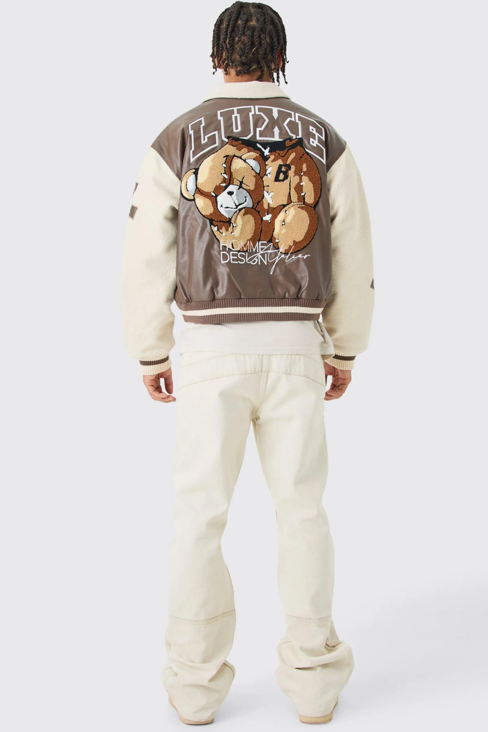 boohooMAN Boxy Teddy Varsity Jacket With Boucle Sleeves | UK| Coats & Jackets