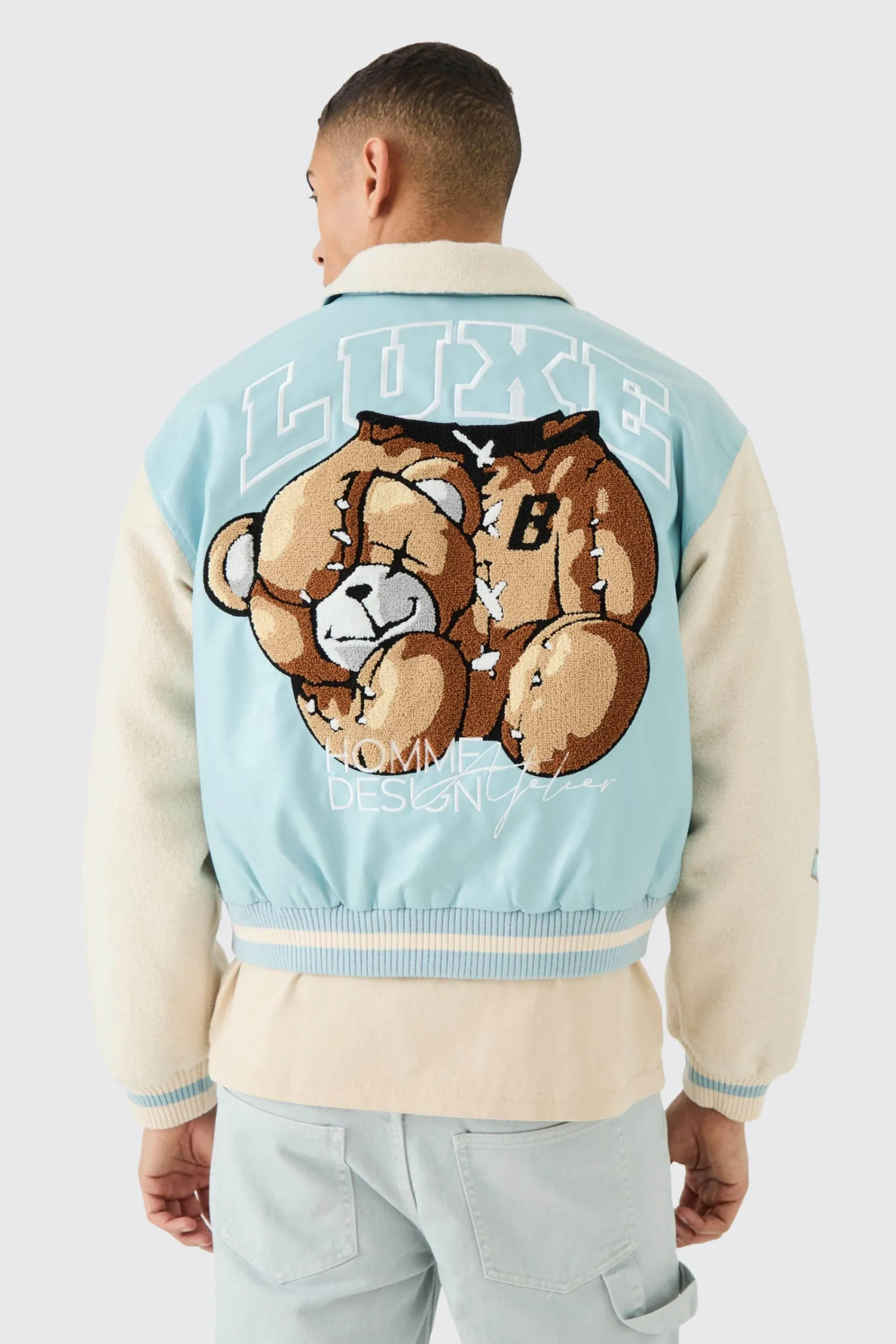 boohooMAN Boxy Teddy Varsity Jacket With Boucle Sleeves | UK| Coats & Jackets