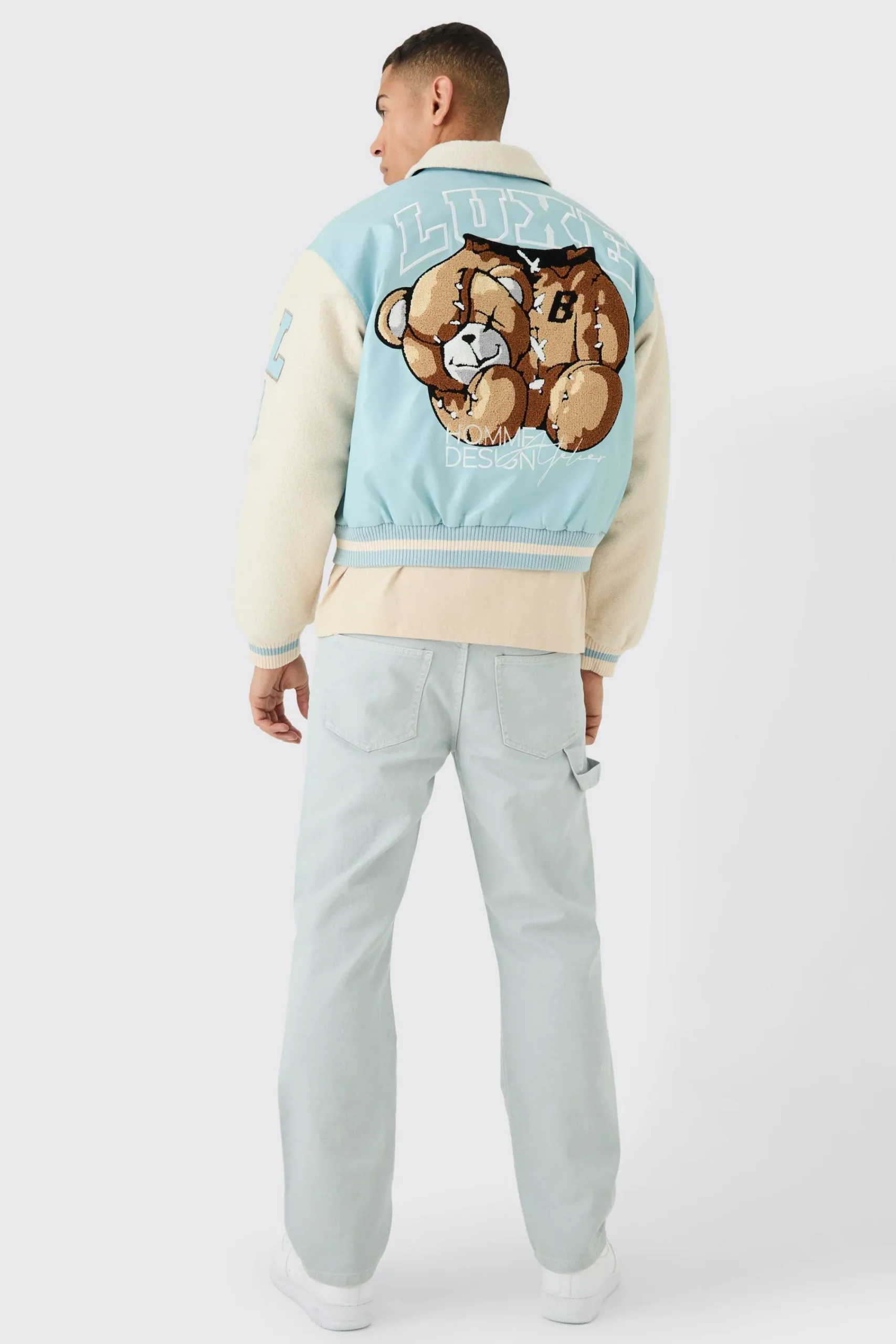boohooMAN Boxy Teddy Varsity Jacket With Boucle Sleeves | UK| Coats & Jackets