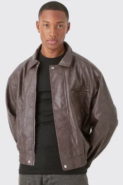 boohooMAN Boxy Textured Pu Bomber In | UK| Coats & Jackets