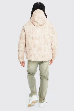 boohooMAN Boxy Tie Dye Square Panel Hooded Puffer | UK| Coats & Jackets