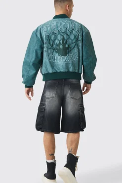 boohooMAN Boxy Tonal Badge Tumbled Pu Varsity Jacket In | UK| Coats & Jackets