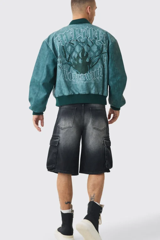 boohooMAN Boxy Tonal Badge Tumbled Pu Varsity Jacket In | UK| Coats & Jackets