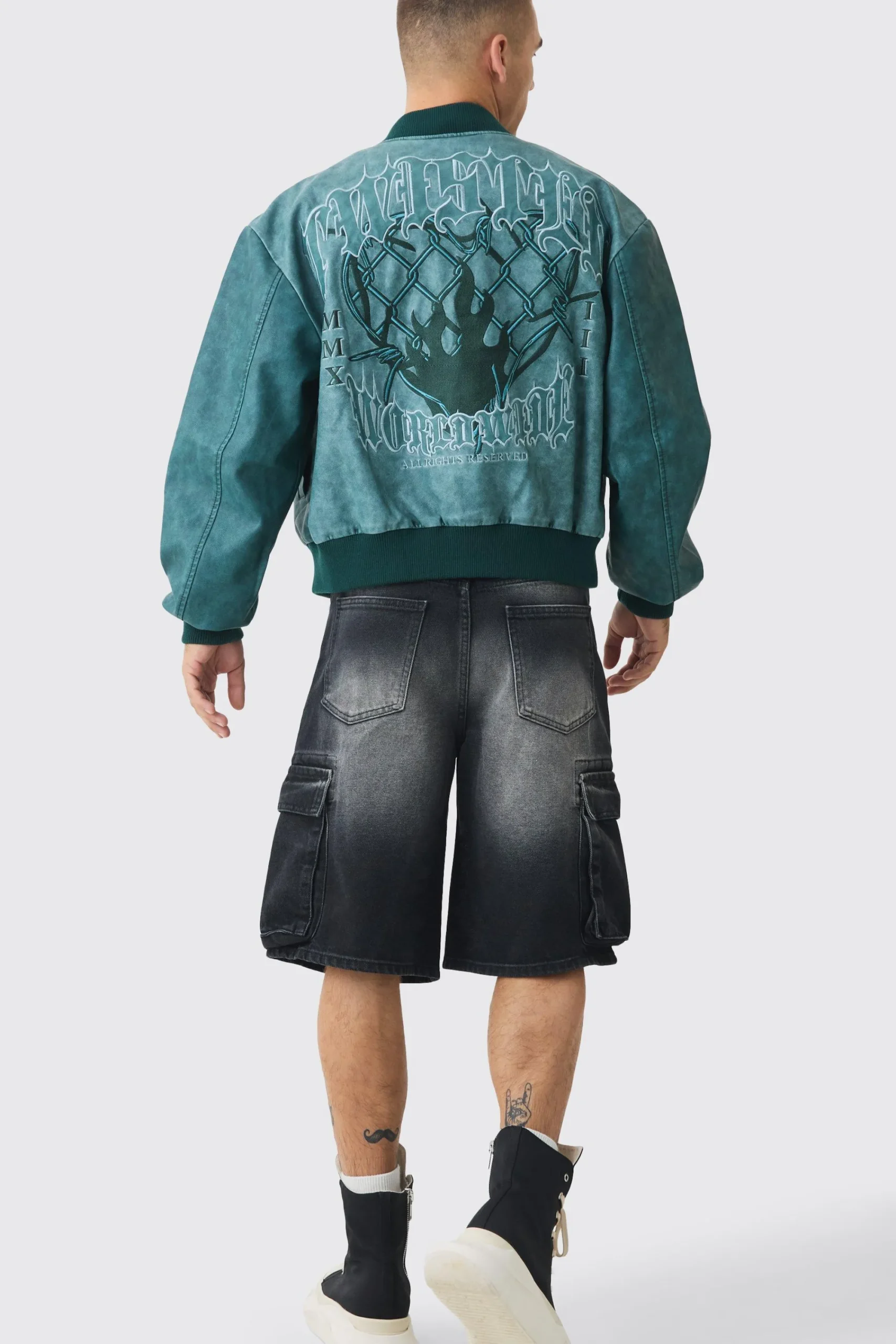 boohooMAN Boxy Tonal Badge Tumbled Pu Varsity Jacket In | UK| Coats & Jackets