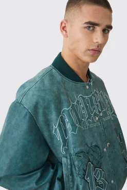 boohooMAN Boxy Tonal Badge Tumbled Pu Varsity Jacket In | UK| Coats & Jackets