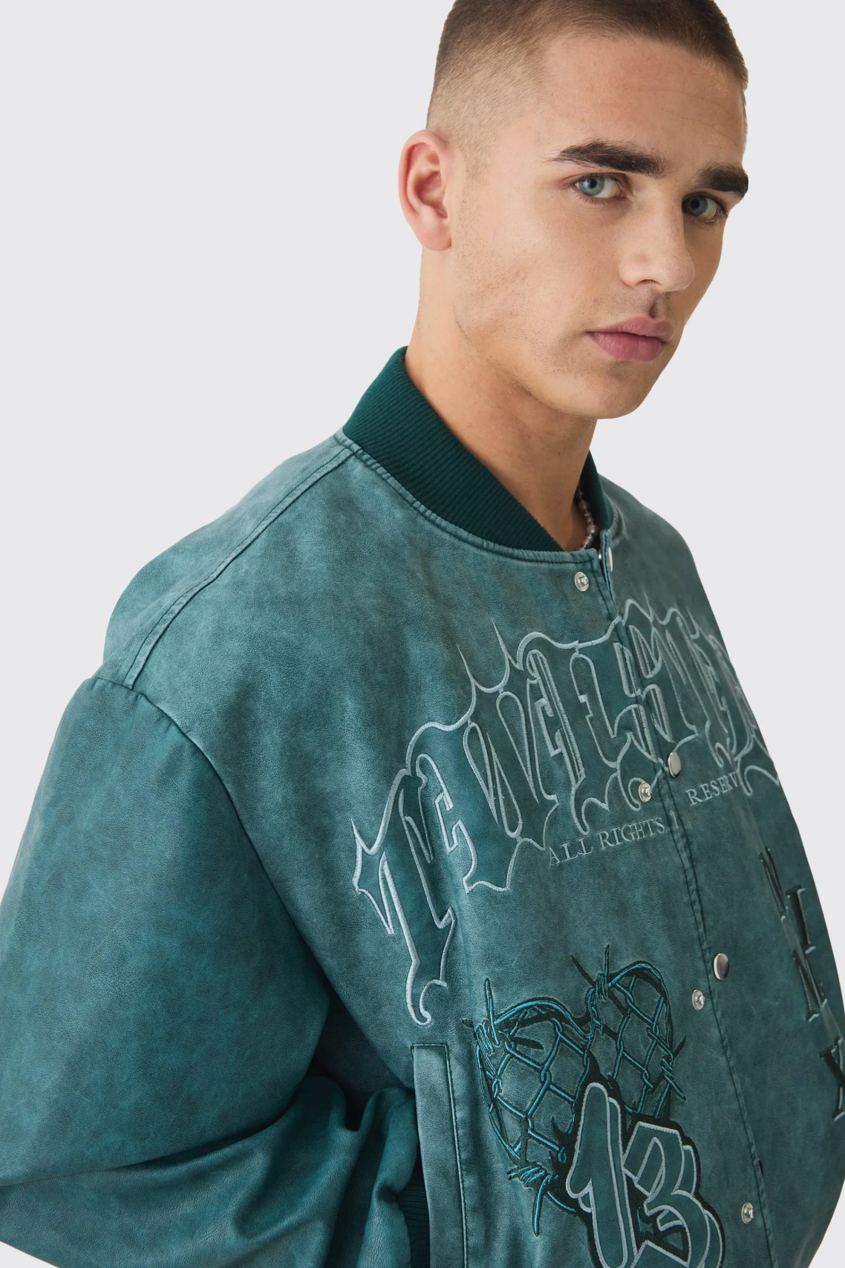 boohooMAN Boxy Tonal Badge Tumbled Pu Varsity Jacket In | UK| Coats & Jackets