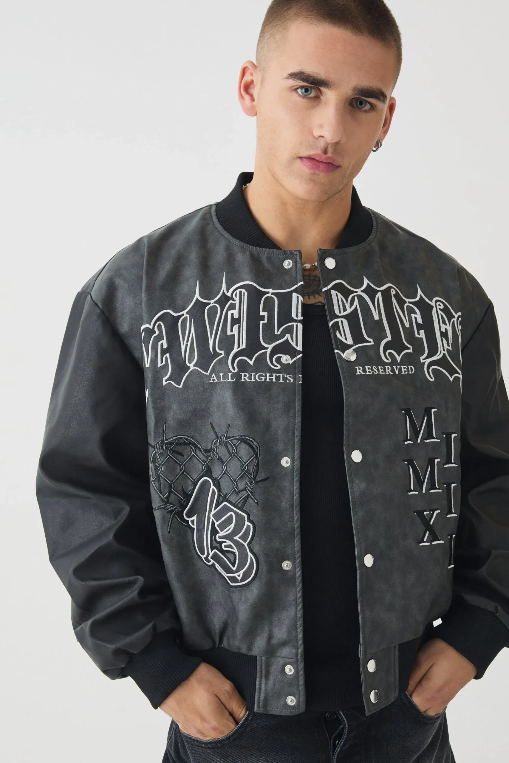 boohooMAN Boxy Tonal Badge Tumbled Pu Varsity Jacket In | UK| Coats & Jackets