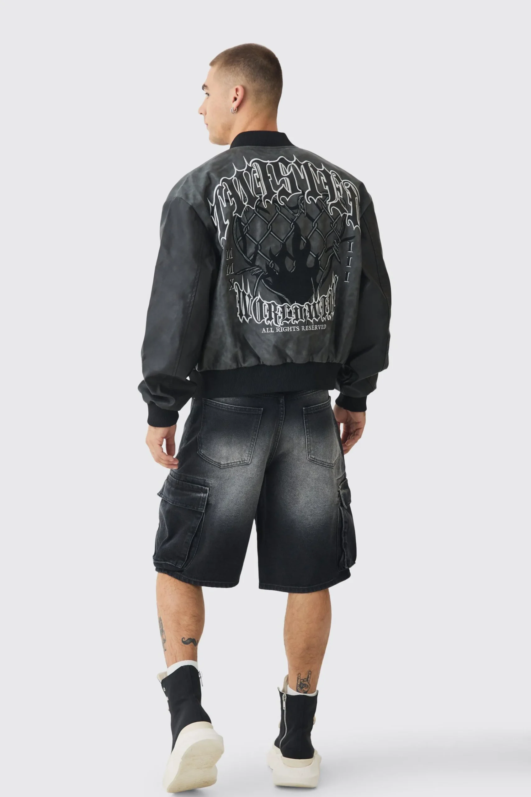 boohooMAN Boxy Tonal Badge Tumbled Pu Varsity Jacket In | UK| Coats & Jackets