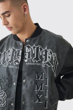 boohooMAN Boxy Tonal Badge Tumbled Pu Varsity Jacket In | UK| Coats & Jackets