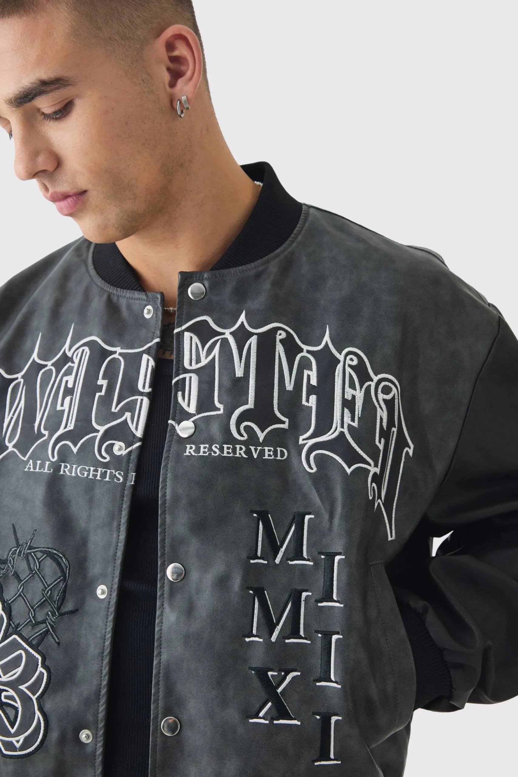 boohooMAN Boxy Tonal Badge Tumbled Pu Varsity Jacket In | UK| Coats & Jackets