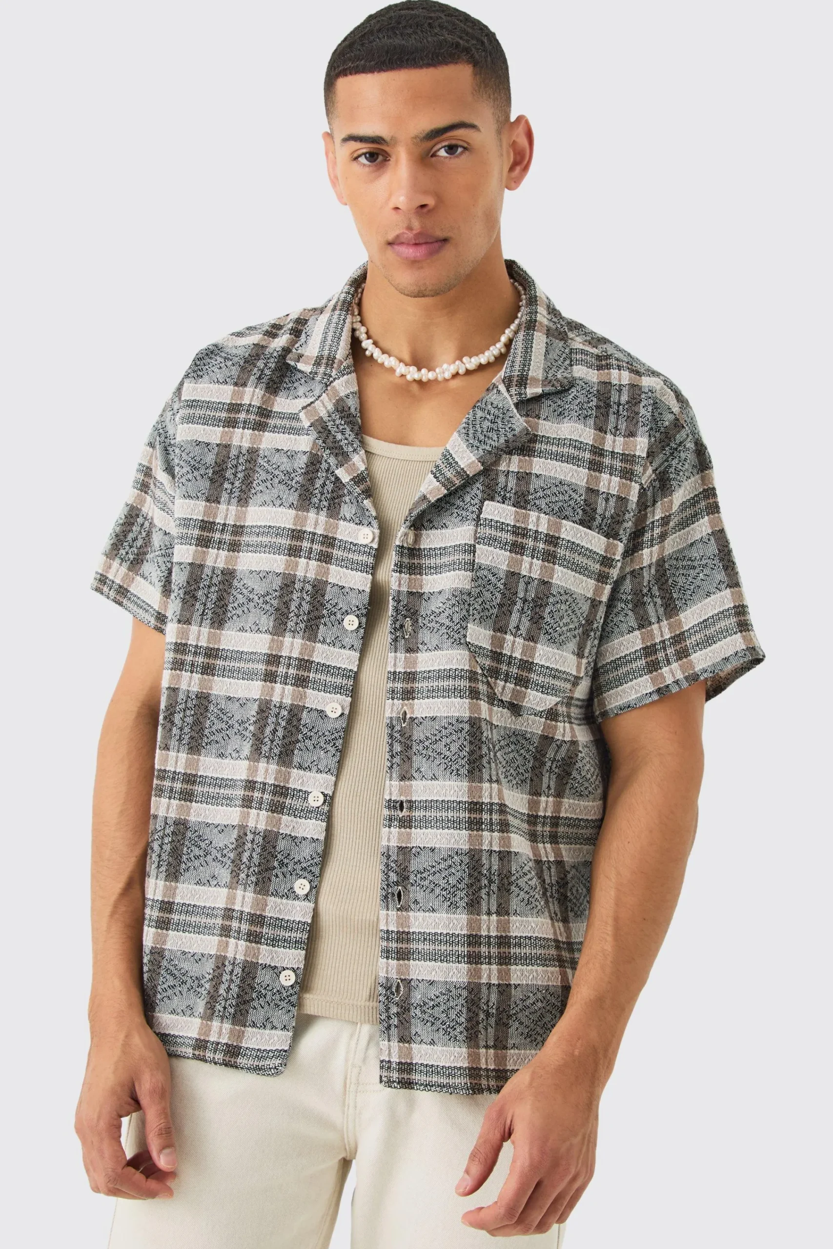 boohooMAN Boxy Tonal Textured Check Shirt | UK| Shirts