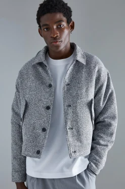 boohooMAN Boxy Tonal Textured Jacquard Harrington | UK| Coats & Jackets