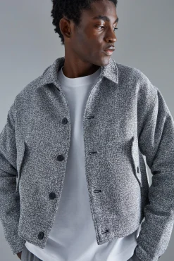 boohooMAN Boxy Tonal Textured Jacquard Harrington | UK| Coats & Jackets