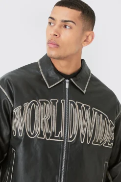 boohooMAN Boxy Tumble Pu Applique Harrington Jacket In | UK| Coats & Jackets