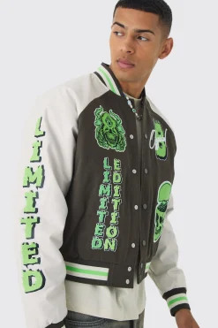 boohooMAN Boxy Twill Limited Badge PU Sleeve Varsity Jacket In | UK| Coats & Jackets