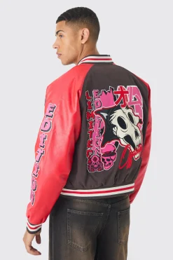 boohooMAN Boxy Twill Limited Badge Pu Sleeve Varsity Jacket In | UK| Coats & Jackets