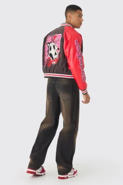 boohooMAN Boxy Twill Limited Badge Pu Sleeve Varsity Jacket In | UK| Coats & Jackets