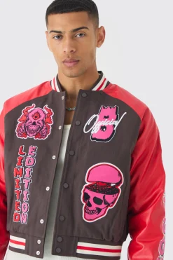 boohooMAN Boxy Twill Limited Badge Pu Sleeve Varsity Jacket In | UK| Coats & Jackets