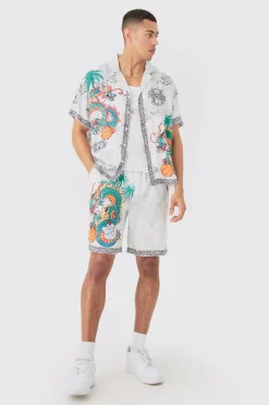 boohooMAN Boxy Viscose Dragon Shirt & Short Set | UK| Sets & Co-Ords