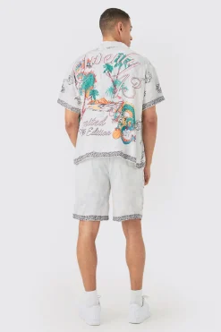 boohooMAN Boxy Viscose Dragon Shirt & Short Set | UK| Sets & Co-Ords