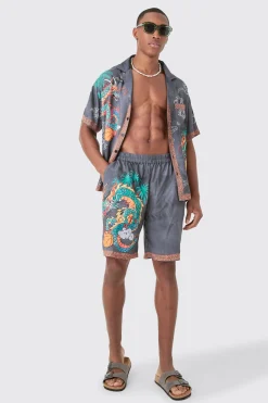 boohooMAN Boxy Viscose Dragon Shirt & Short Set | UK| Sets & Co-Ords