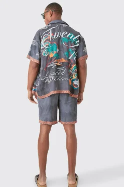 boohooMAN Boxy Viscose Dragon Shirt & Short Set | UK| Sets & Co-Ords