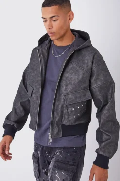 boohooMAN Boxy Washed Pu Hooded Bomber | UK| Coats & Jackets